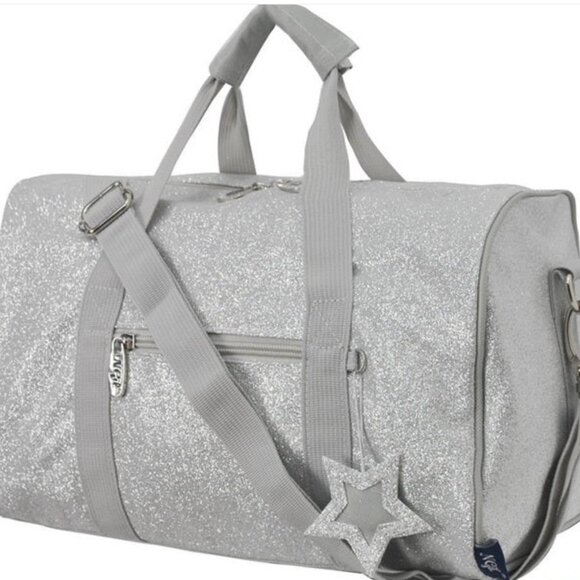 New Silver Mini Glitter Duffel Bag | Small Travel Tote Makeup Gym Carryall - Picture 1 of 1